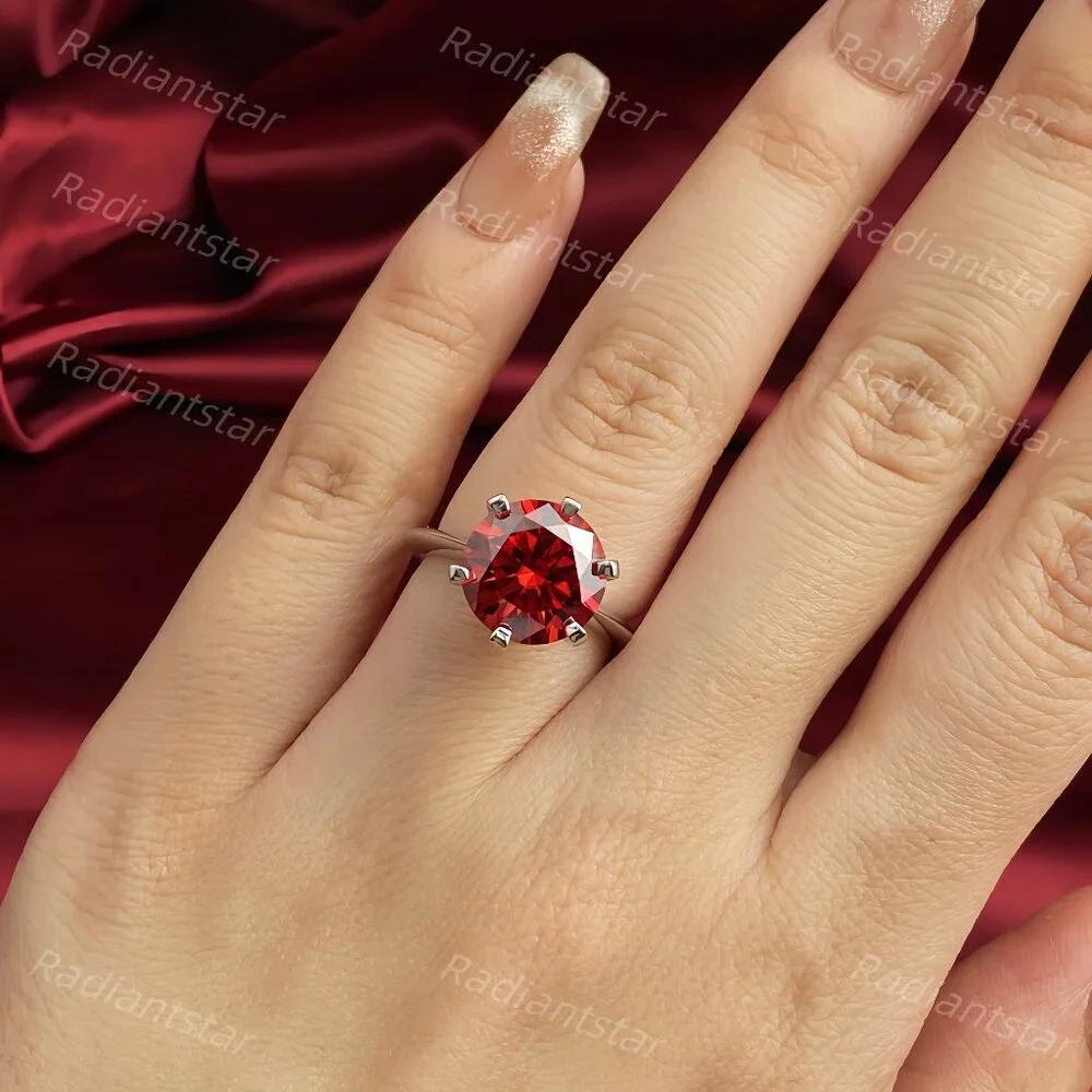 NEW Certified 5 ct. t.w. Garnet Red Moissanite Solitaire 6 Prong Ring